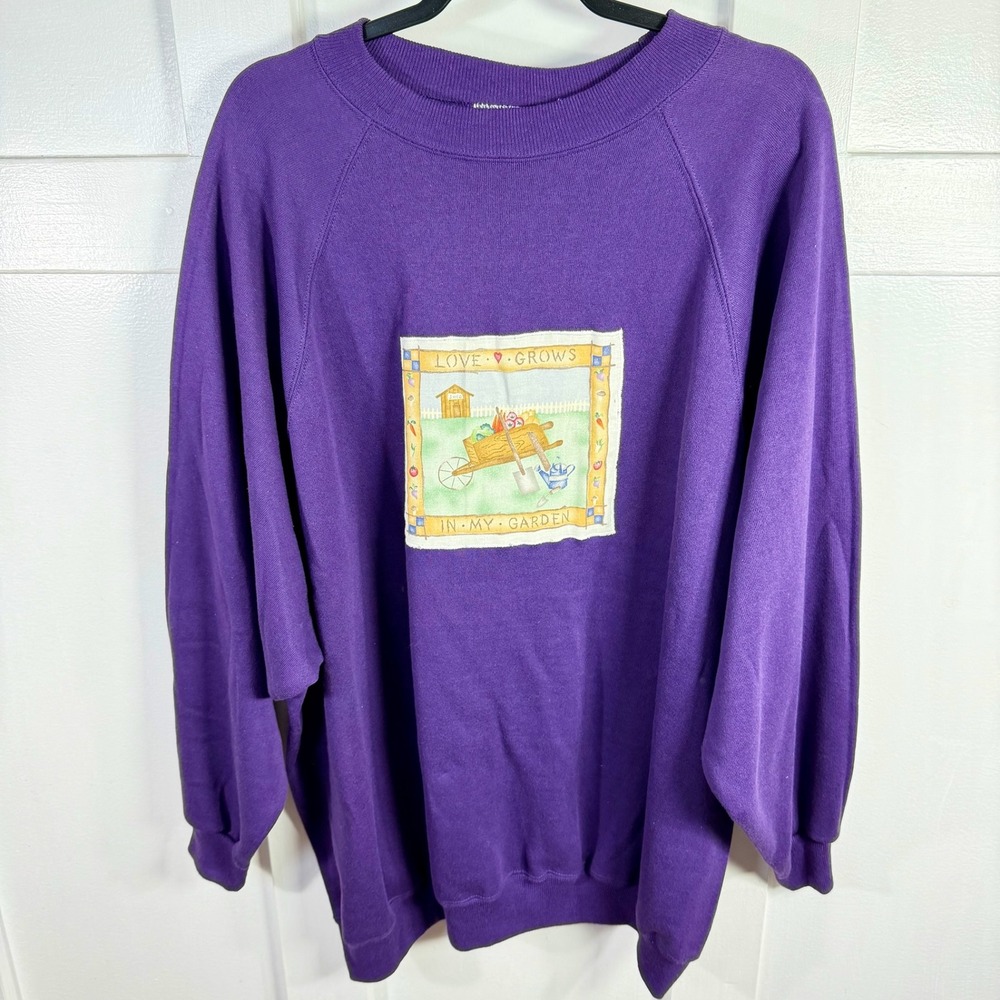 Just My Size Vintage Purple Love Grows In My Garden Graphic Sweatshirt 4X Raglan